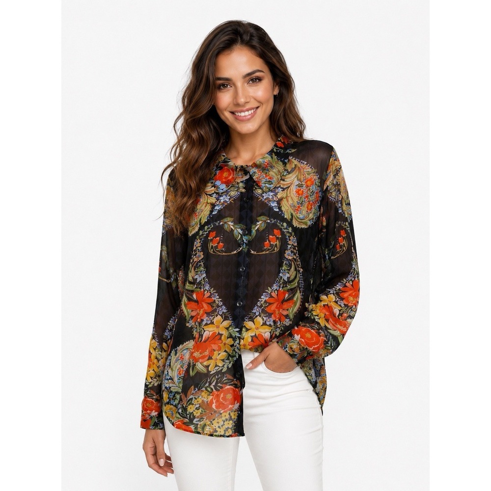 CAbi Black Sheer Floral Paisley Button-Down Blouse with Orange & Yellow Accents
